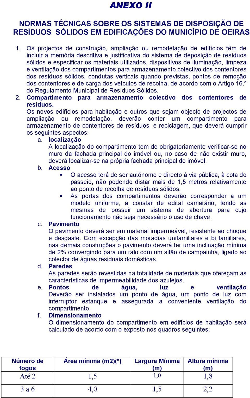 utilizados, dispositivos de iluminação, limpeza e ventilação dos compartimentos para armazenamento colectivo dos contentores dos resíduos sólidos, condutas verticais quando previstas, pontos de