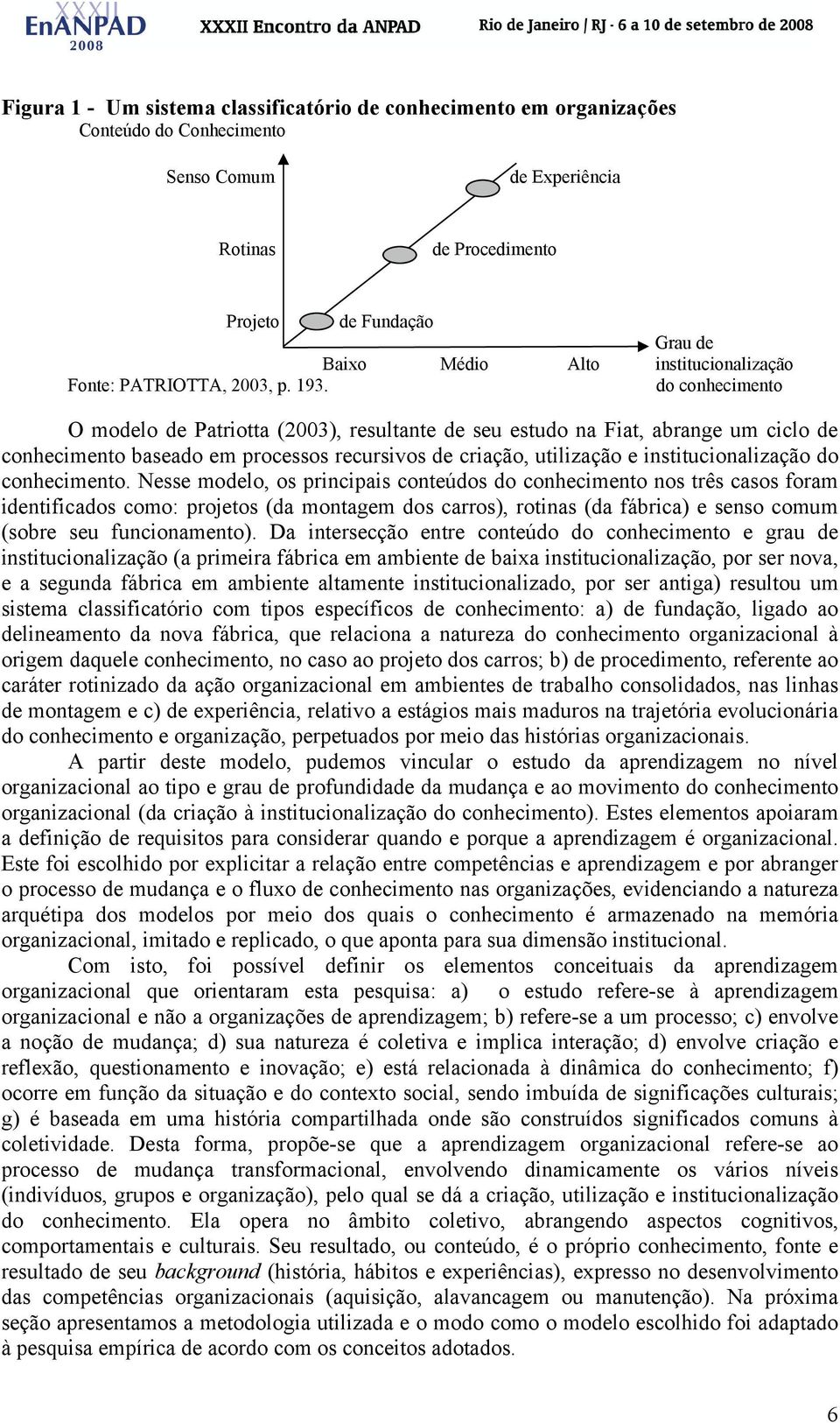 do conhecimento O modelo de Patriotta (2003), resultante de seu estudo na Fiat, abrange um ciclo de conhecimento baseado em processos recursivos de criação, utilização e institucionalização do