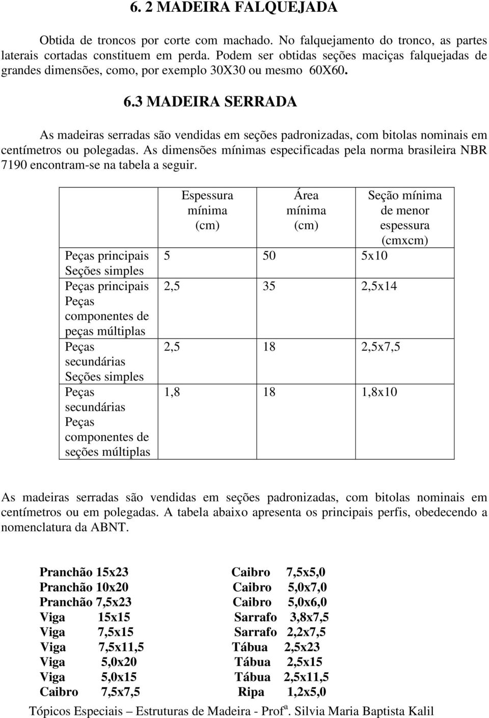 X60. 6.3 MADEIRA SERRADA As madeiras serradas são vendidas em seções padronizadas, com bitolas nominais em centímetros ou polegadas.