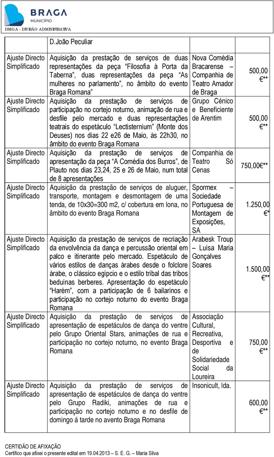 da peça A Comédia dos Burros, de Plauto nos dias 23,24, 25 e 26 de Maio, num total de 8 apresentações aluguer, transporte, montagem e desmontagem de uma tenda, de 10x30=300 m2, c/ cobertura em lona,