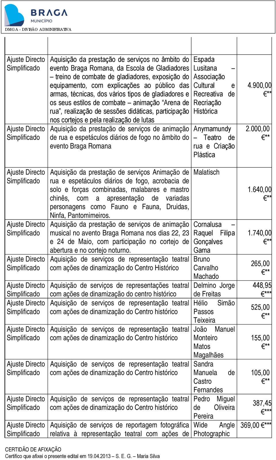 espetáculos diários de fogo no âmbito do evento Braga Romana Aquisição da prestação de serviços Animação de rua e espetáculos diários de fogo, acrobacia de solo e forças combinadas, malabares e