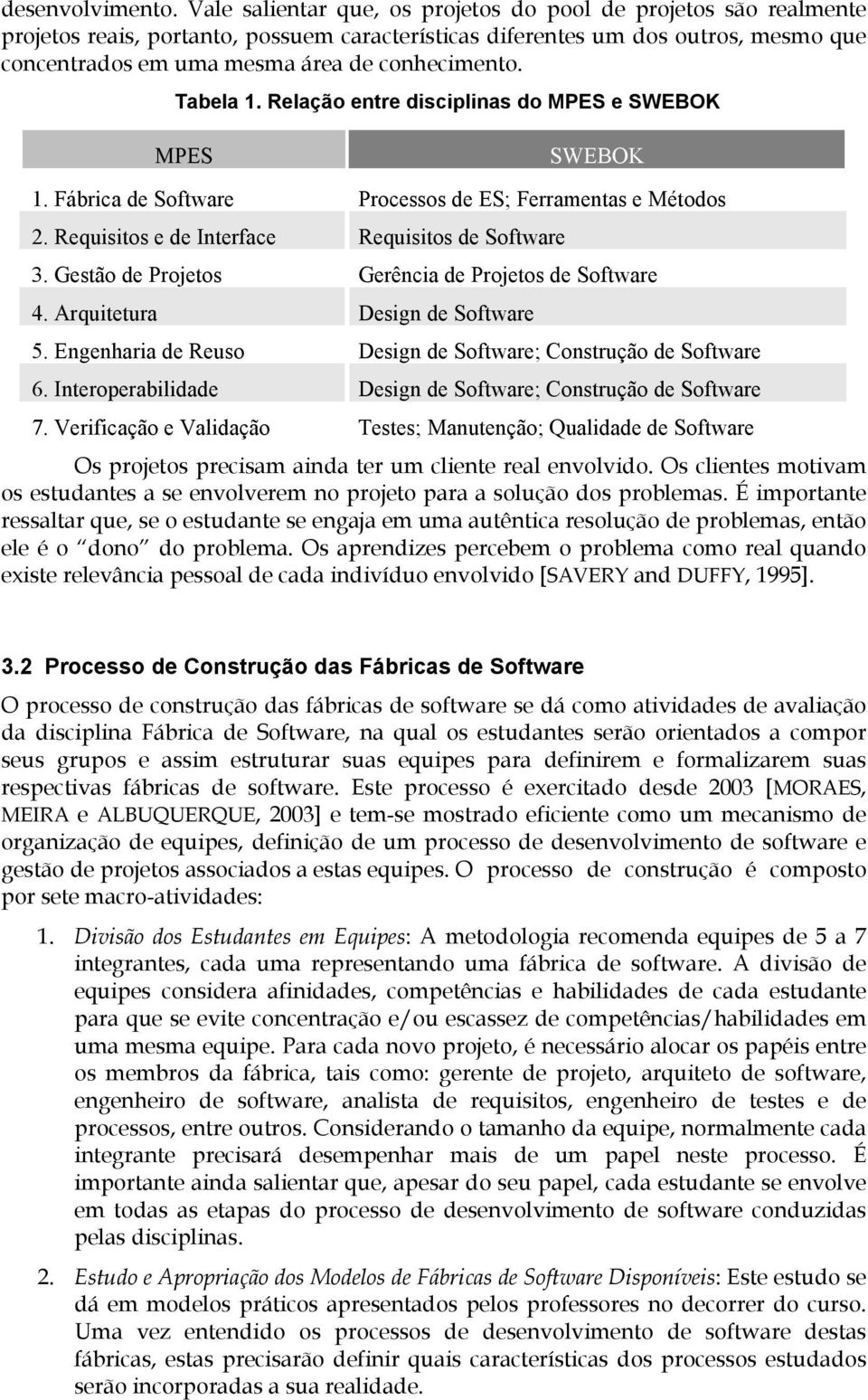 Tabela 1. Relação entre disciplinas do MPES e SWEBOK MPES SWEBOK 1. Fábrica de Software Processos de ES; Ferramentas e Métodos 2. Requisitos e de Interface Requisitos de Software 3.