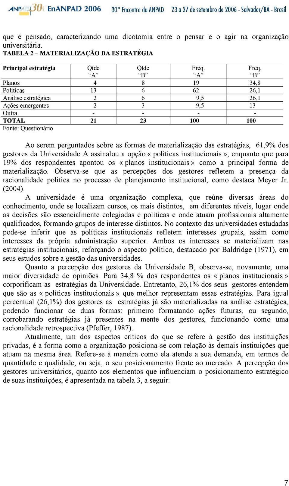 Fonte: Questionário Ao serem perguntados sobre as formas de materialização das estratégias, 61,9% dos gestores da Universidade A assinalou a opção «políticas institucionais», enquanto que para 19%