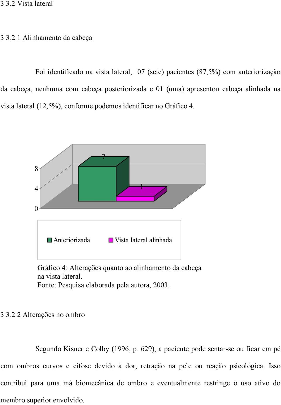 1 Alinhamento da cabeça Foi identificado na vista lateral, 07 (sete) pacientes (87,5%) com anteriorização da cabeça, nenhuma com cabeça posteriorizada e 01 (uma) apresentou cabeça