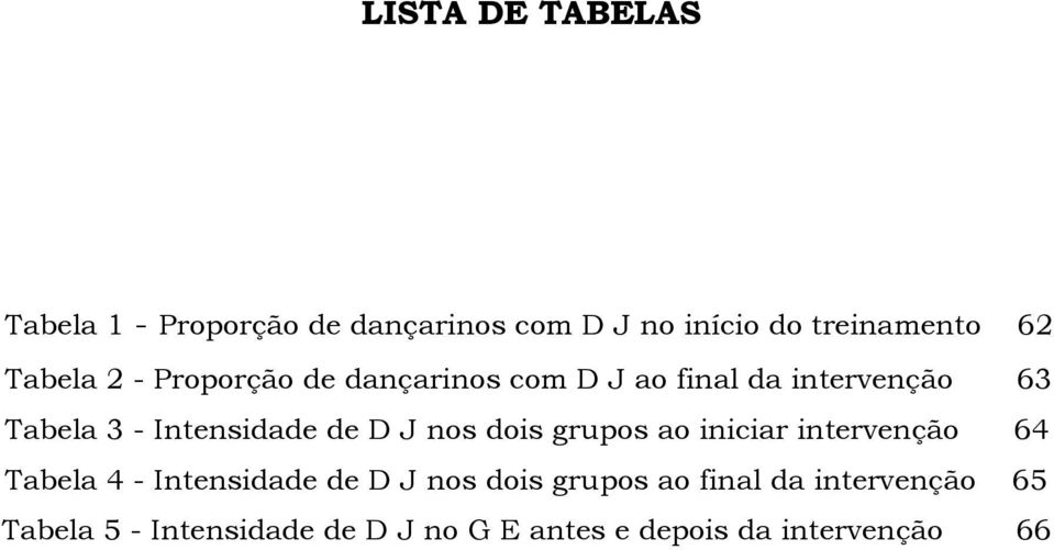 de D J nos dois grupos ao iniciar intervenção 64 Tabela 4 - Intensidade de D J nos dois