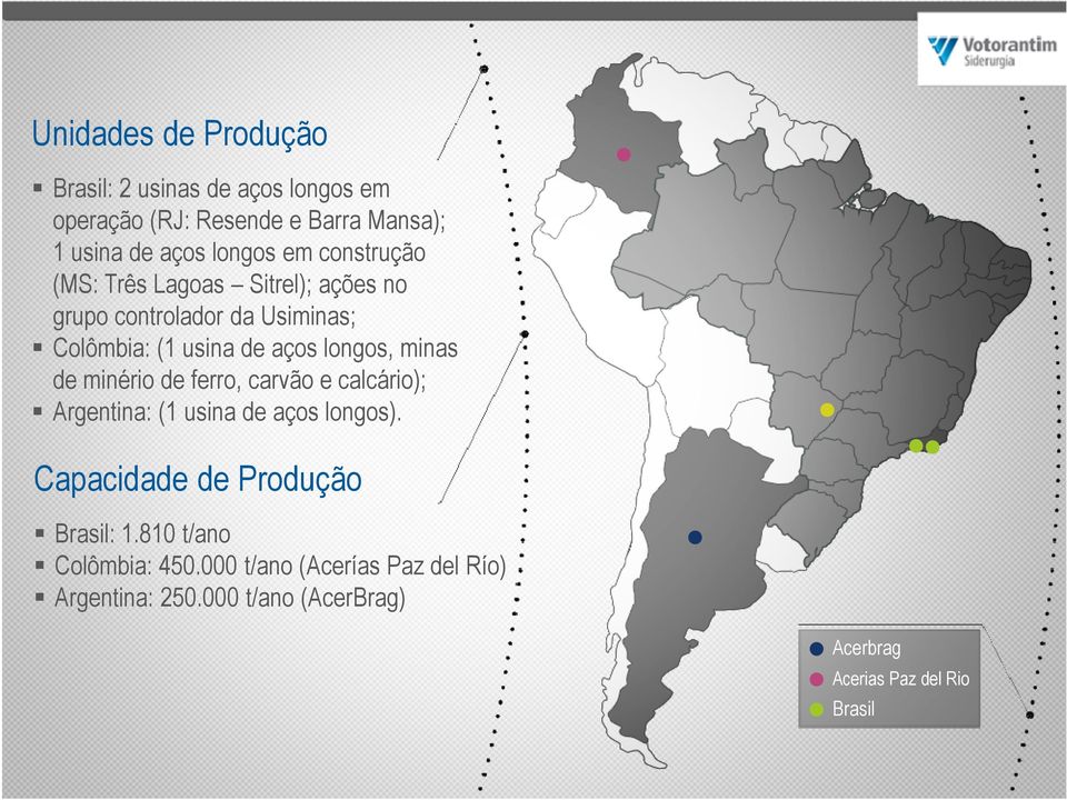minas de minério de ferro, carvão e calcário); Argentina: (1 usina de aços longos). Capacidade de Produção Brasil: 1.