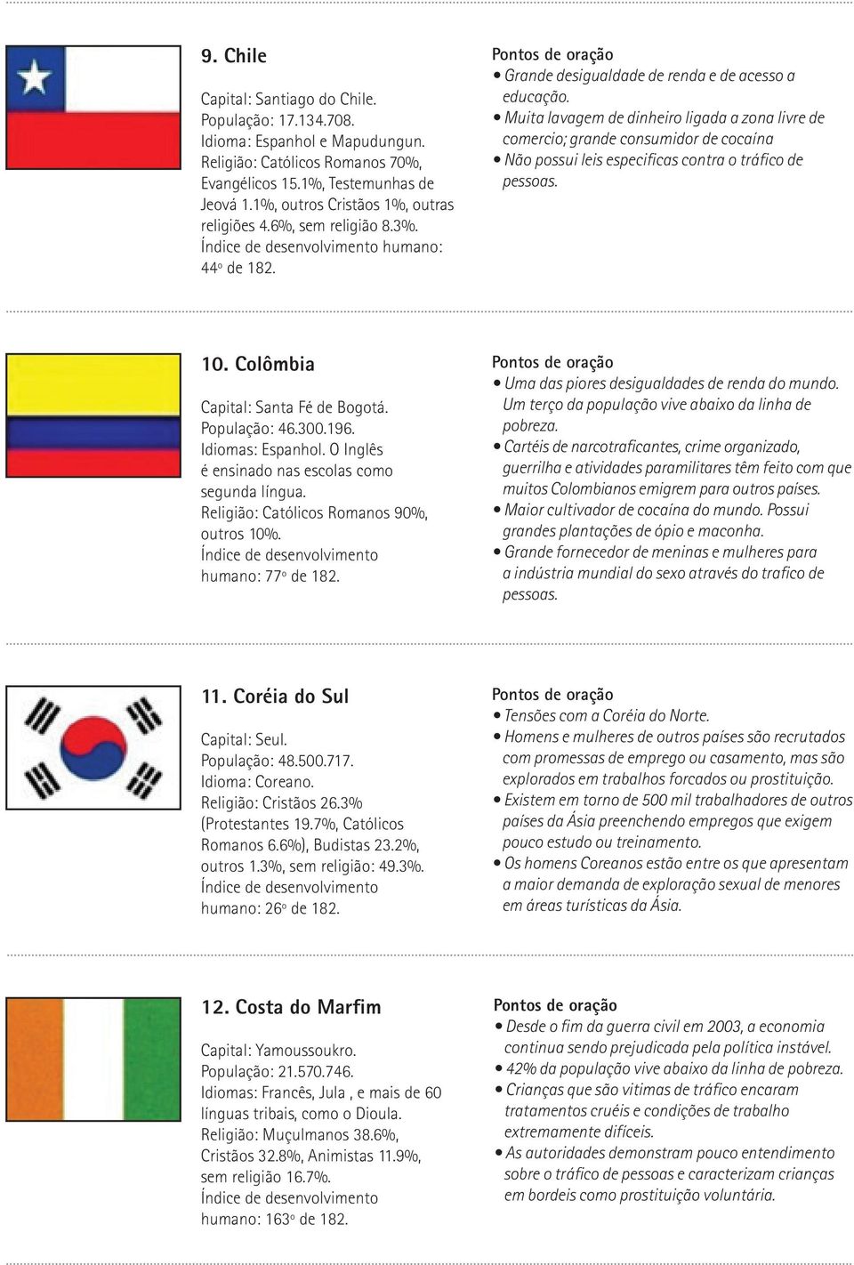 Muita lavagem de dinheiro ligada a zona livre de comercio; grande consumidor de cocaína Não possui leis especificas contra o tráfico de pessoas. 10. Colômbia Capital: Santa Fé de Bogotá.