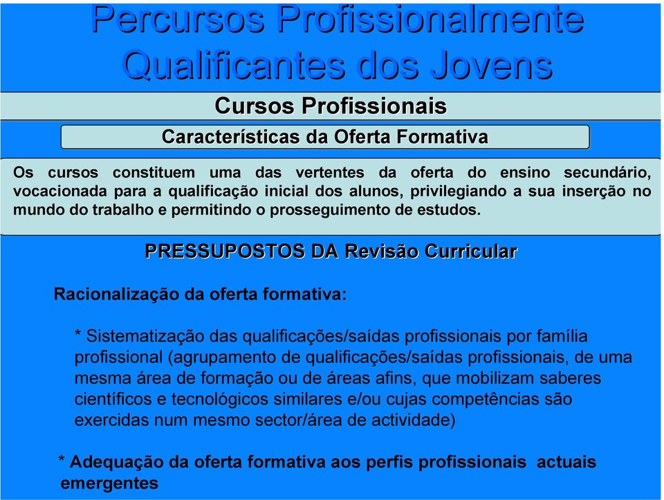 PRESSUPOSTOS DA Revisão Curricular Racionalização da oferta formativa: * Sistematização das qualificações/saídas profissionais por família profissional (agrupamento de qualificações/saídas