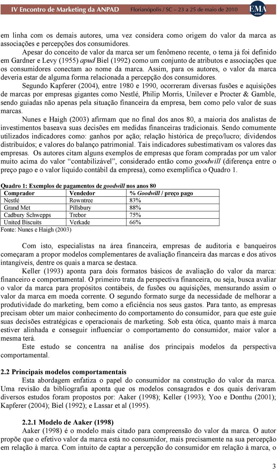 ao nome da marca. Assim, para os autores, o valor da marca deveria estar de alguma forma relacionada a percepção dos consumidores.