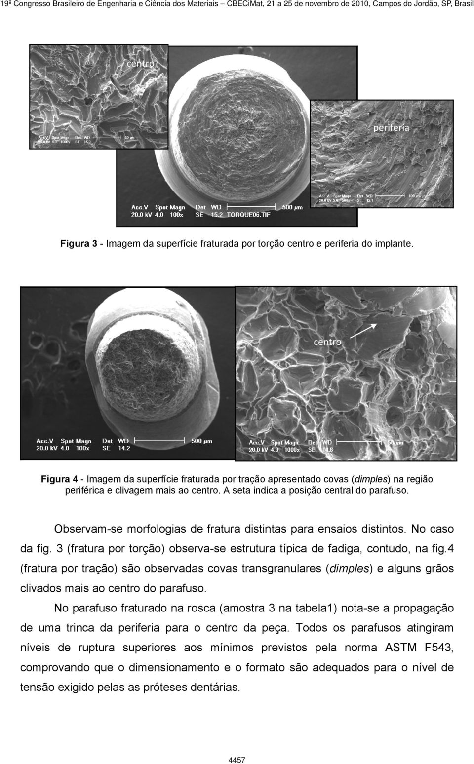 A seta indica a posição central do parafuso. Observam-se morfologias de fratura distintas para ensaios distintos. No caso da fig.