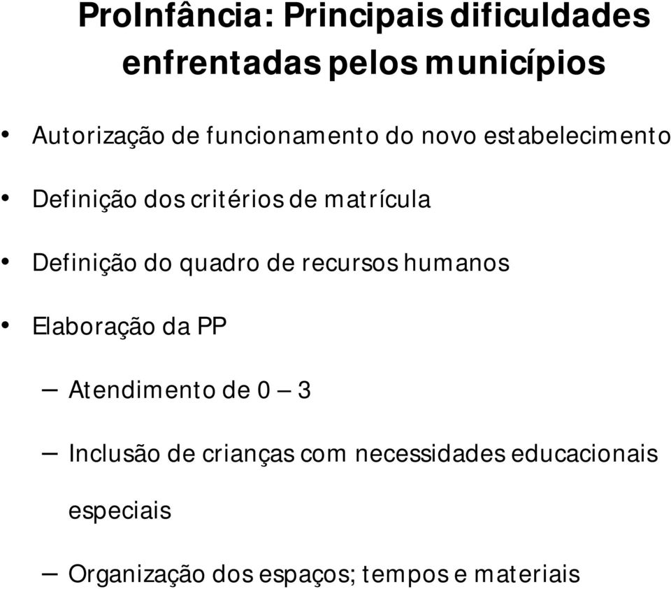 Definição do quadro de recursos humanos Elaboração da PP Atendimento de 0 3