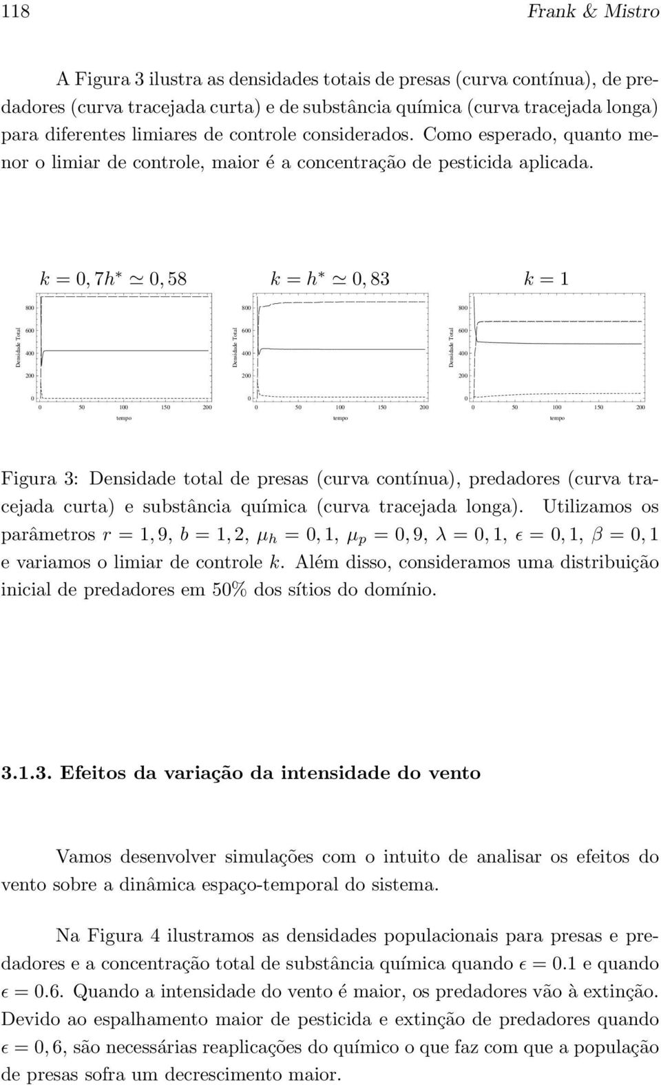 k =,7h,58 k = h,83 k = 1 8 8 8 6 4 6 4 6 4 2 2 2 Figura 3: Densidade total de presas (curva contínua), predadores (curva tracejada curta) e substância química (curva tracejada longa).