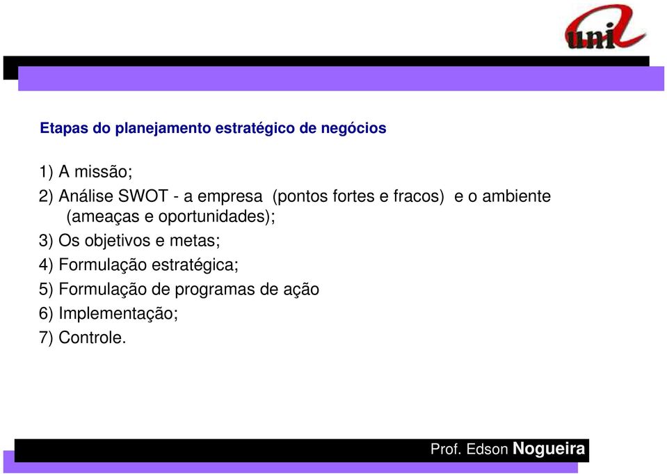 (ameaças e oportunidades); 3) Os objetivos e metas; 4) Formulação