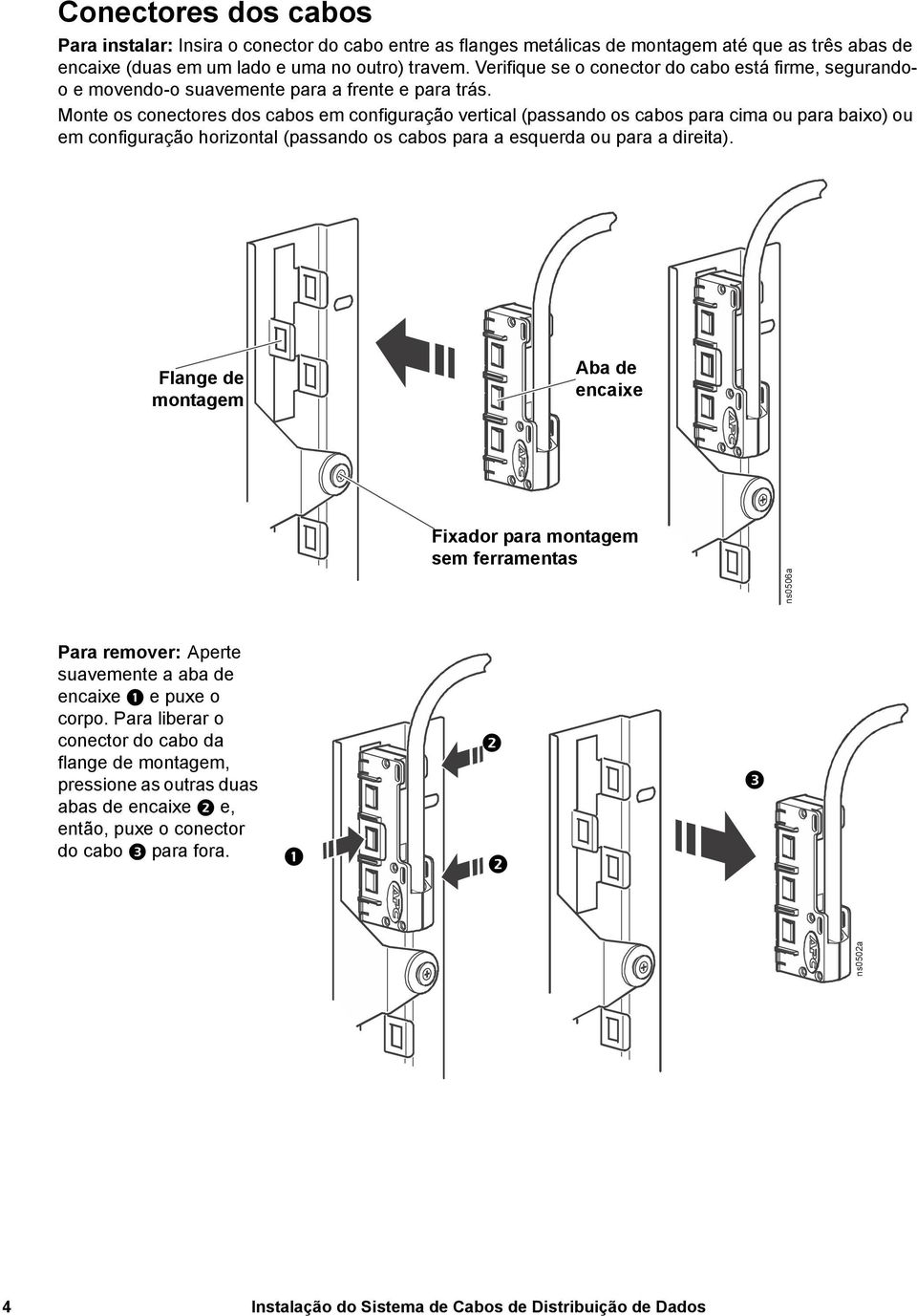 Monte os conectores dos cabos em configuração vertical (passando os cabos para cima ou para baixo) ou em configuração horizontal (passando os cabos para a esquerda ou para a direita).