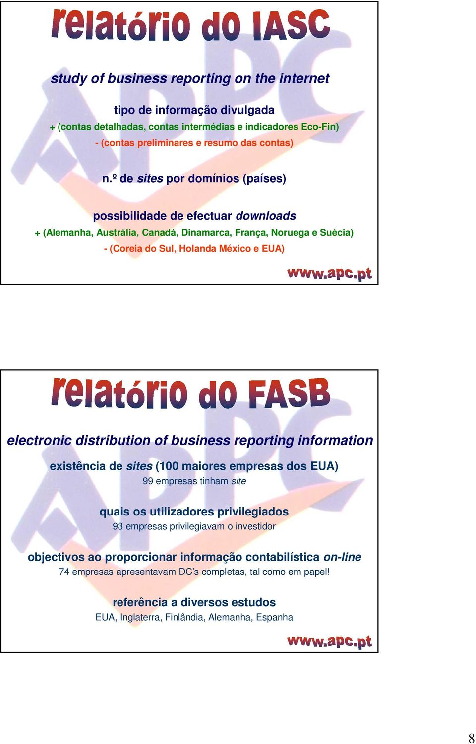 distribution of business reporting information existência de sites (100 maiores empresas dos EUA) 99 empresas tinham site quais os utilizadores privilegiados 93 empresas privilegiavam o