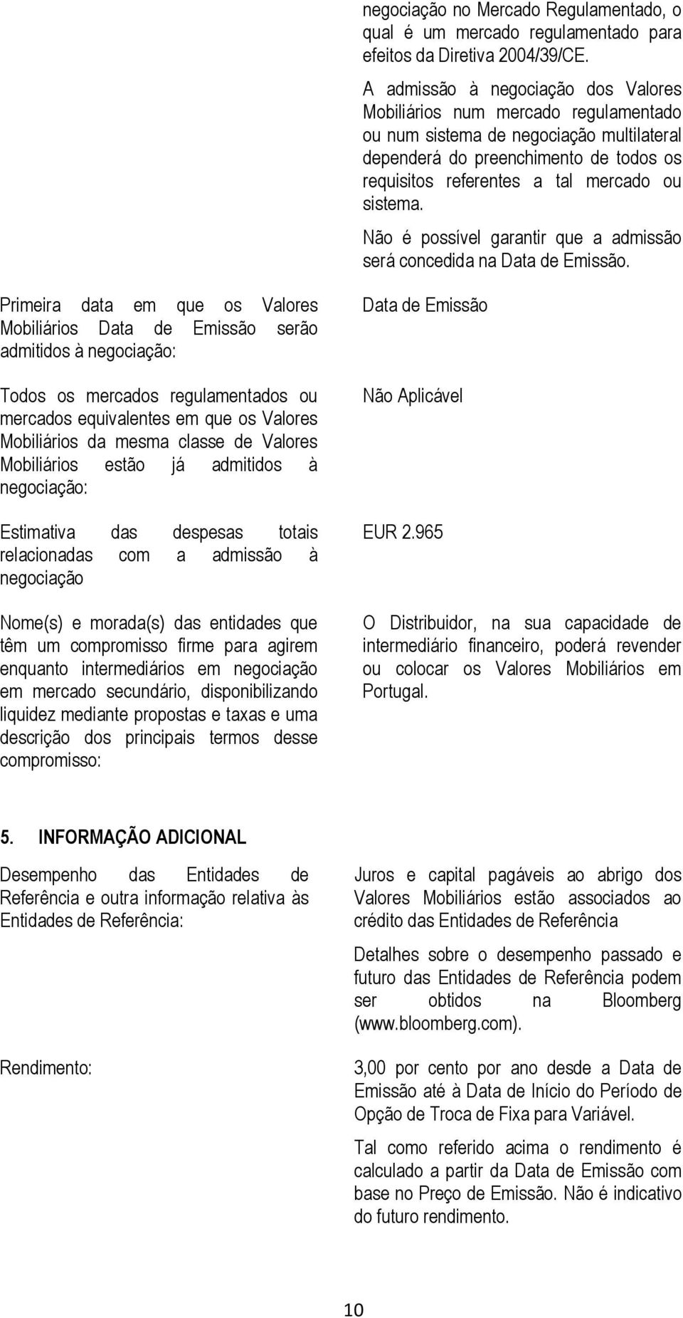 sistema. Não é possível garantir que a admissão será concedida na Data de Emissão.