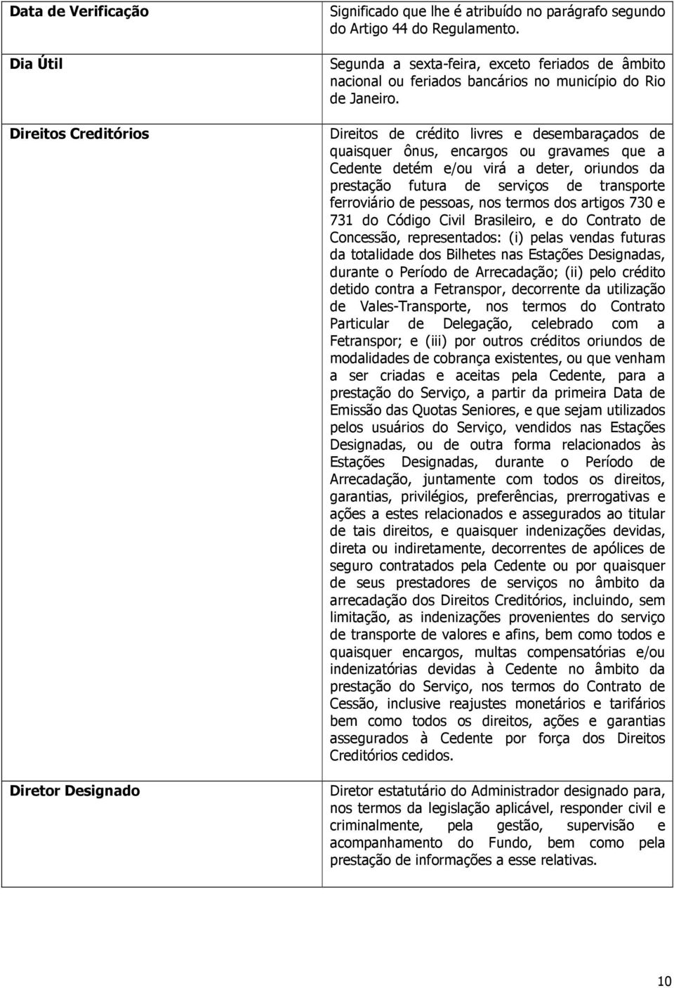 Direitos de crédito livres e desembaraçados de quaisquer ônus, encargos ou gravames que a Cedente detém e/ou virá a deter, oriundos da prestação futura de serviços de transporte ferroviário de