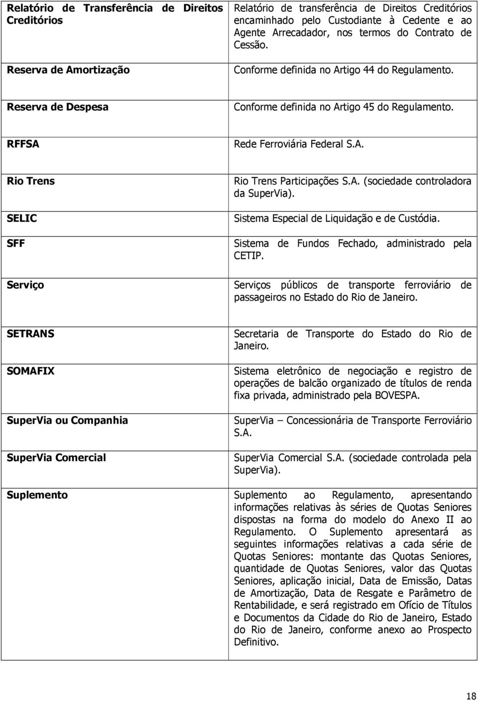 A. (sociedade controladora da SuperVia). Sistema Especial de Liquidação e de Custódia. Sistema de Fundos Fechado, administrado pela CETIP.