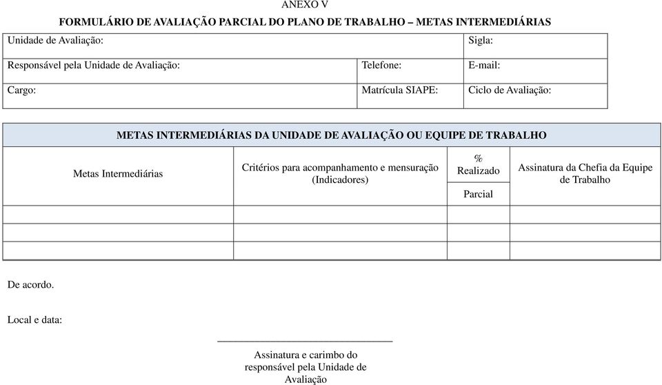 AVALIAÇÃO OU EQUIPE DE TRABALHO Metas Intermediárias Critérios para acompanhamento e mensuração (Indicadores) % Realizado