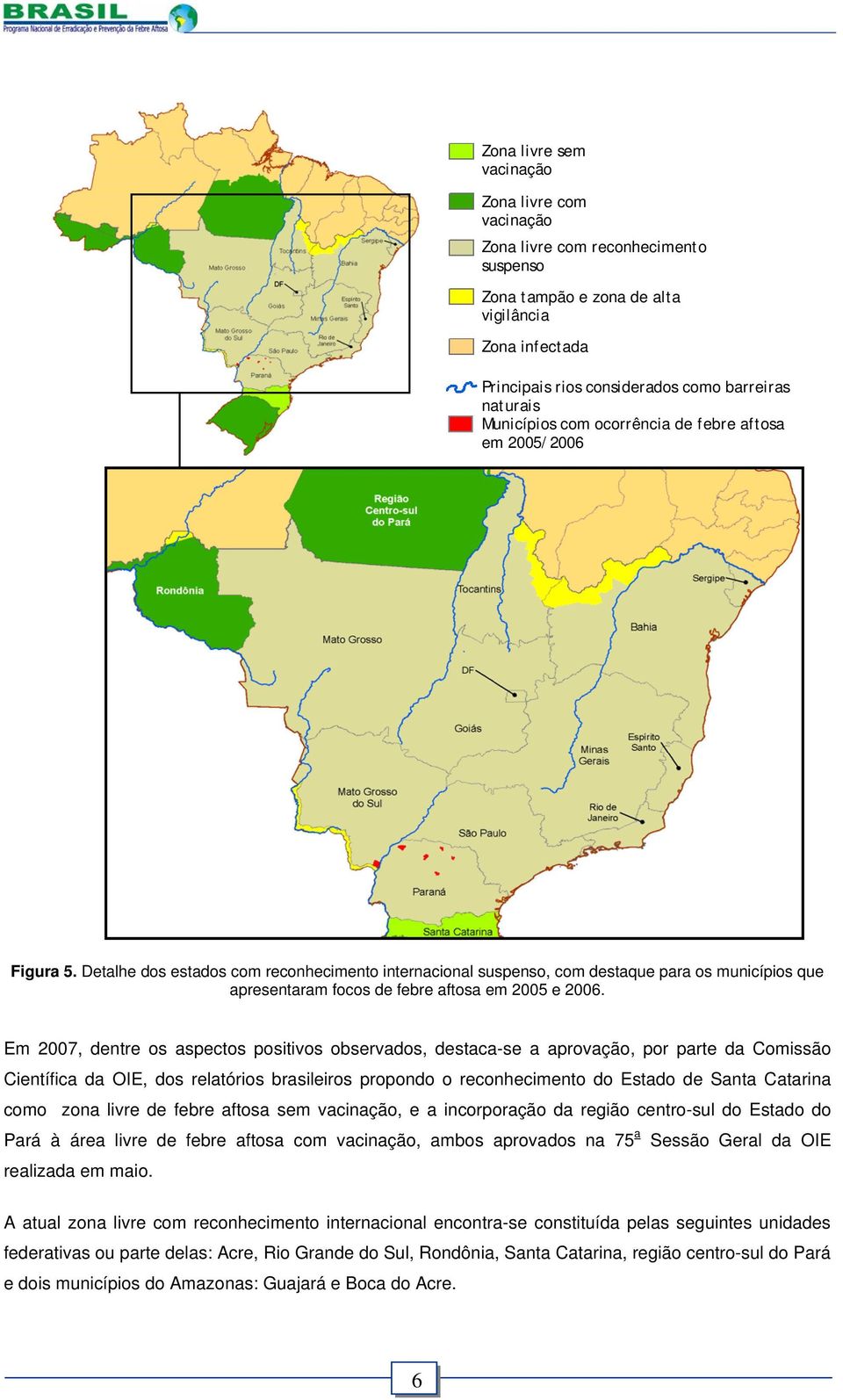 Detalhe dos estados com reconhecimento internacional suspenso, com destaque para os municípios que apresentaram focos de febre aftosa em 2005 e 2006.