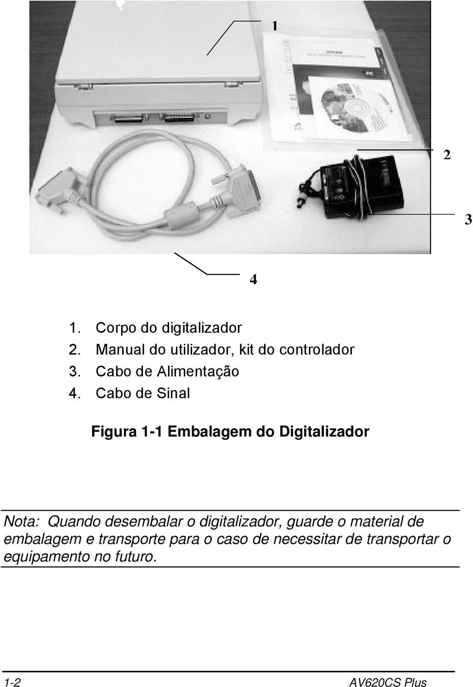 Cabo de Sinal Figura 1-1 Embalagem do Digitalizador Nota: Quando desembalar o