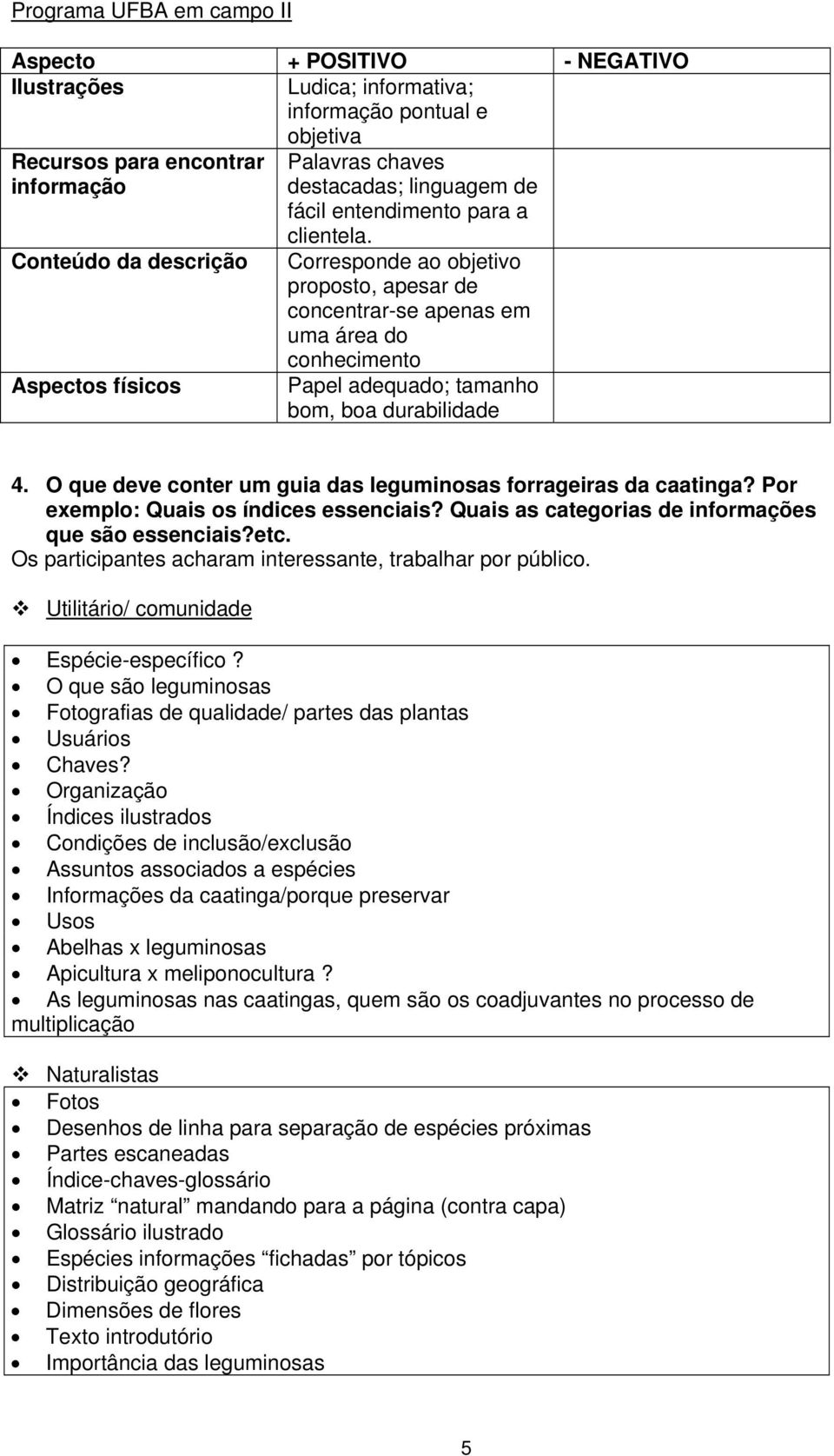 O que deve conter um guia das leguminosas forrageiras da caatinga? Por exemplo: Quais os índices essenciais? Quais as categorias de informações que são essenciais?etc.