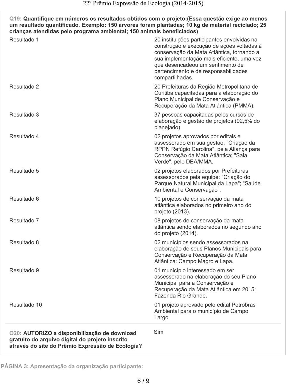 Resultado 6 Resultado 7 Resultado 8 Resultado 9 Resultado 10 20 instituições participantes envolvidas na construção e execução de ações voltadas à conservação da Mata Atlântica, tornando a sua