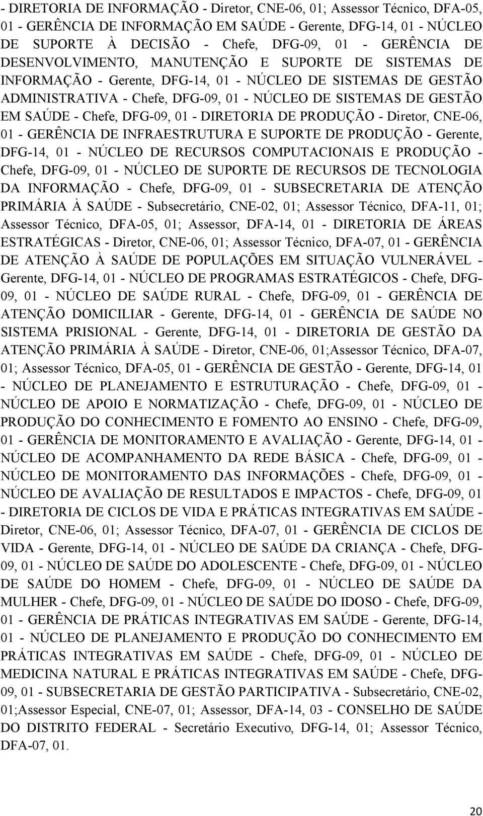 Chefe, DFG-09, 01 - DIRETORIA DE PRODUÇÃO - Diretor, CNE-06, 01 - GERÊNCIA DE INFRAESTRUTURA E SUPORTE DE PRODUÇÃO - Gerente, DFG-14, 01 - NÚCLEO DE RECURSOS COMPUTACIONAIS E PRODUÇÃO - Chefe,