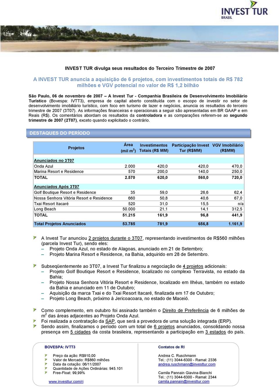 setor de desenvolvimento imobiliário turístico, com foco em turismo de lazer e negócios, anuncia os resultados do terceiro trimestre de 2007 (3T07).