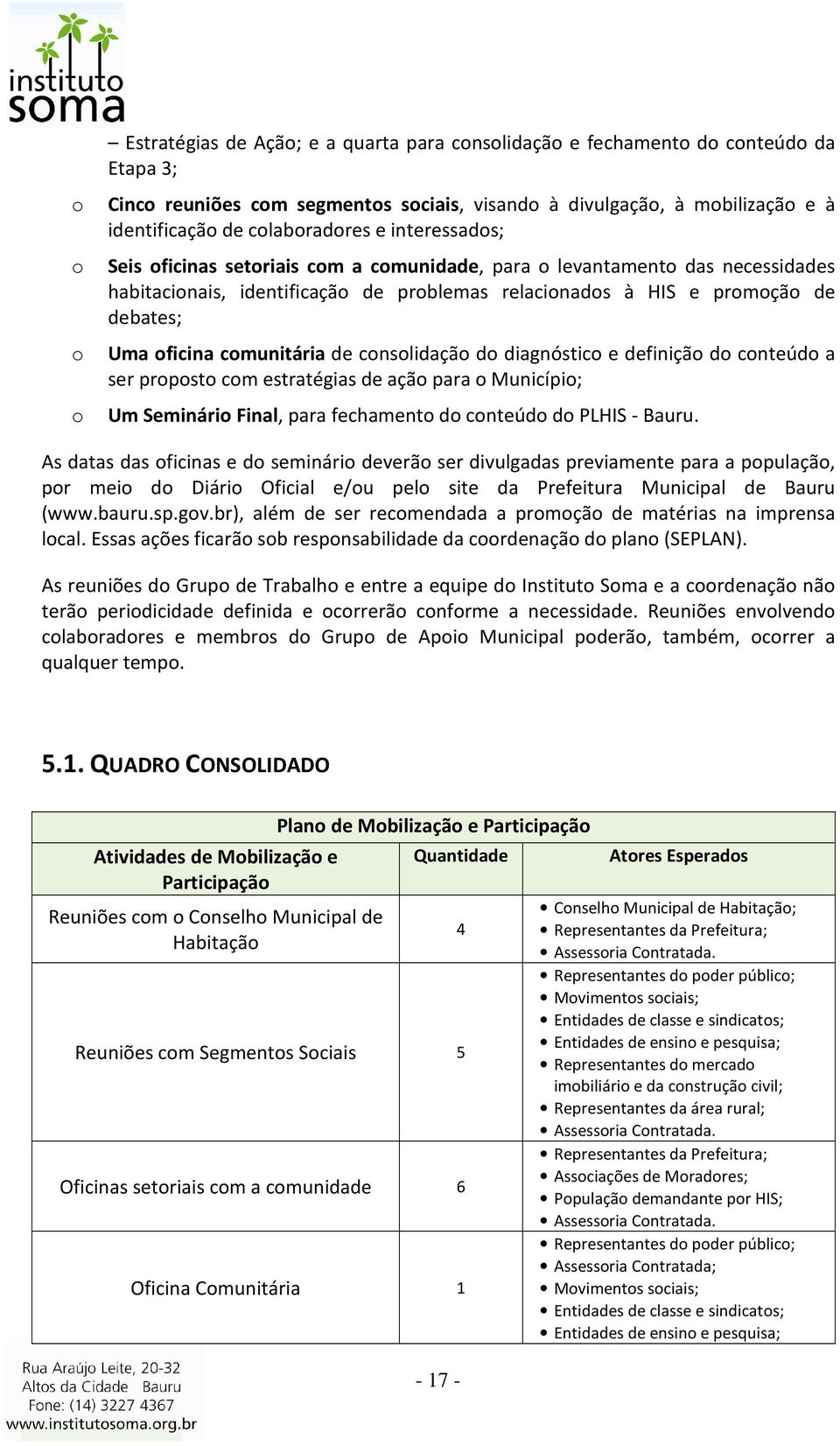 definiçã d cnteúd a ser prpst cm estratégias de açã para Municípi; Um Seminári Final, para fechament d cnteúd d PLHIS - Bauru.