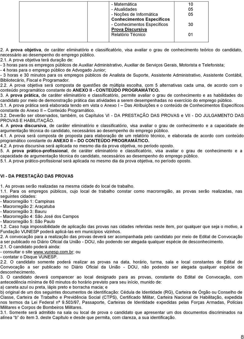 A prova objetiva terá duração de: - 3 horas para os empregos públicos de Auxiliar Administrativo, Auxiliar de Serviços Gerais, Motorista e Telefonista; - 4 horas para o emprego público de Advogado