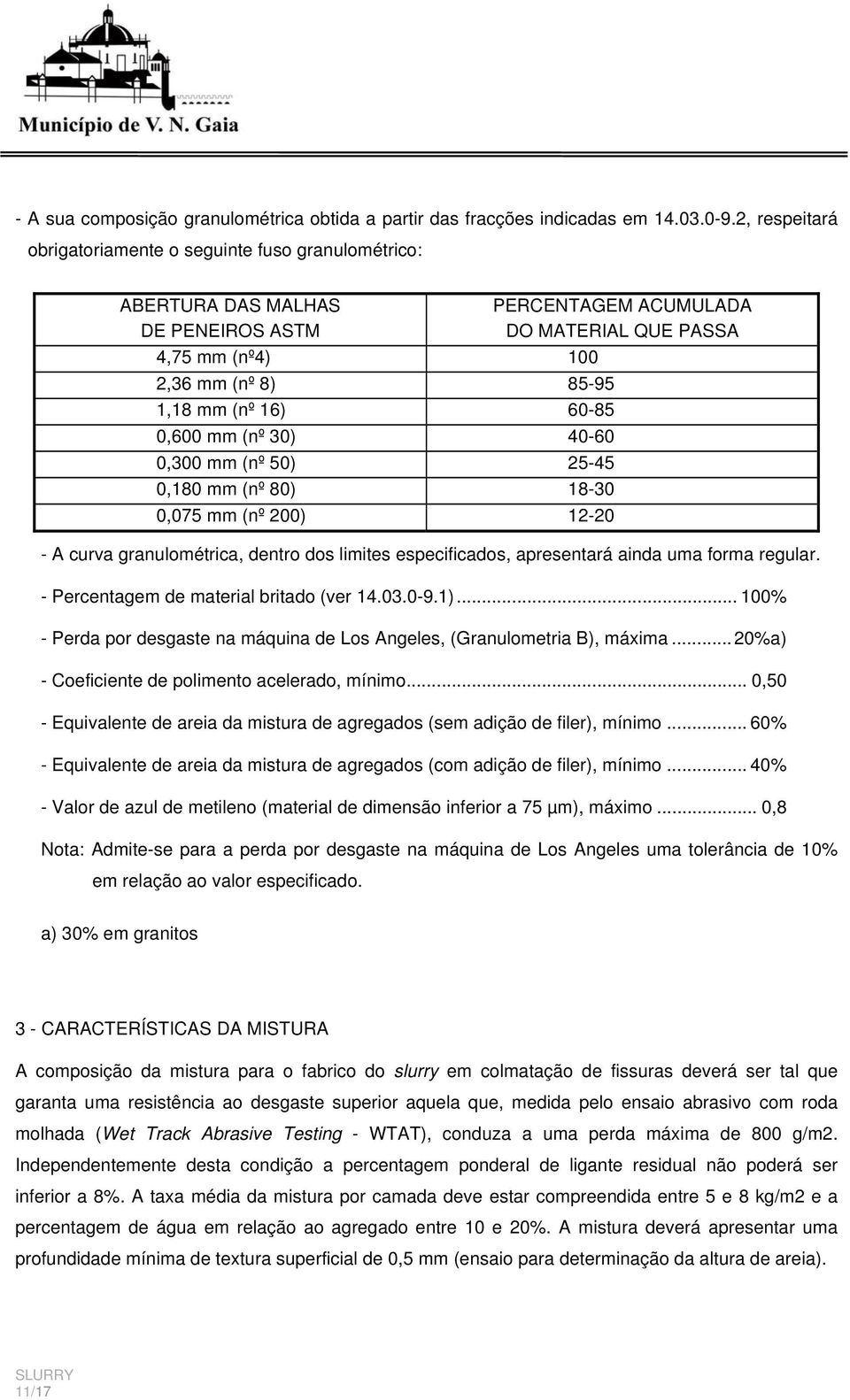 60-85 0,600 mm (nº 30) 40-60 0,300 mm (nº 50) 25-45 0,180 mm (nº 80) 18-30 0,075 mm (nº 200) 12-20 - A curva granulométrica, dentro dos limites especificados, apresentará ainda uma forma regular.