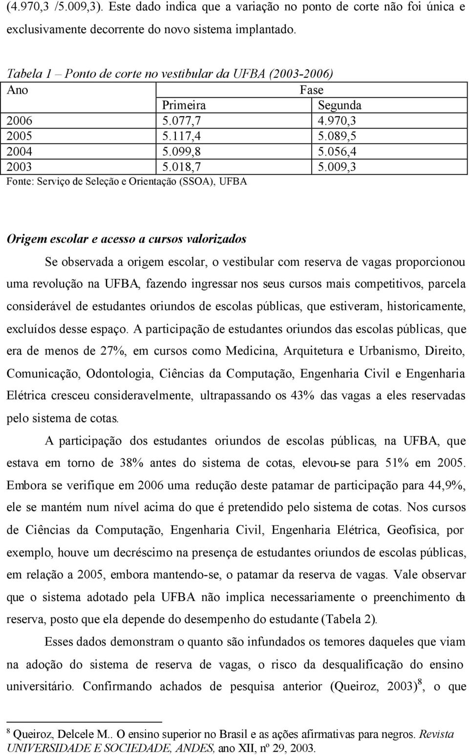 009,3 Fonte: Serviço de Seleção e Orientação (SSOA), UFBA Origem escolar e acesso a cursos valorizados Se observada a origem escolar, o vestibular com reserva de vagas proporcionou uma revolução na