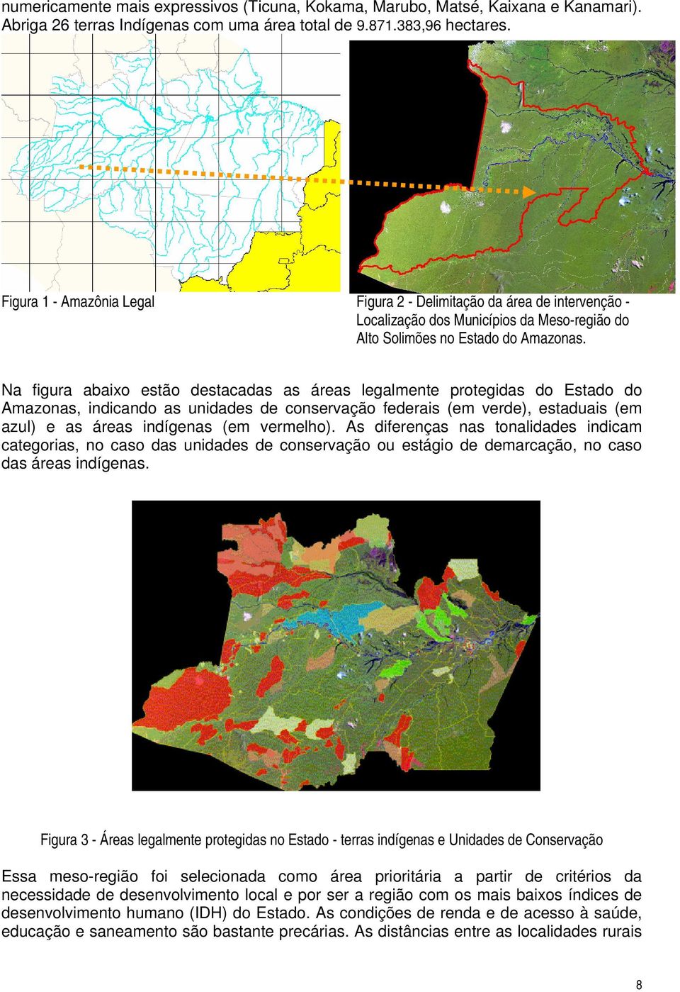 Na figura abaixo estão destacadas as áreas legalmente protegidas do Estado do Amazonas, indicando as unidades de conservação federais (em verde), estaduais (em azul) e as áreas indígenas (em