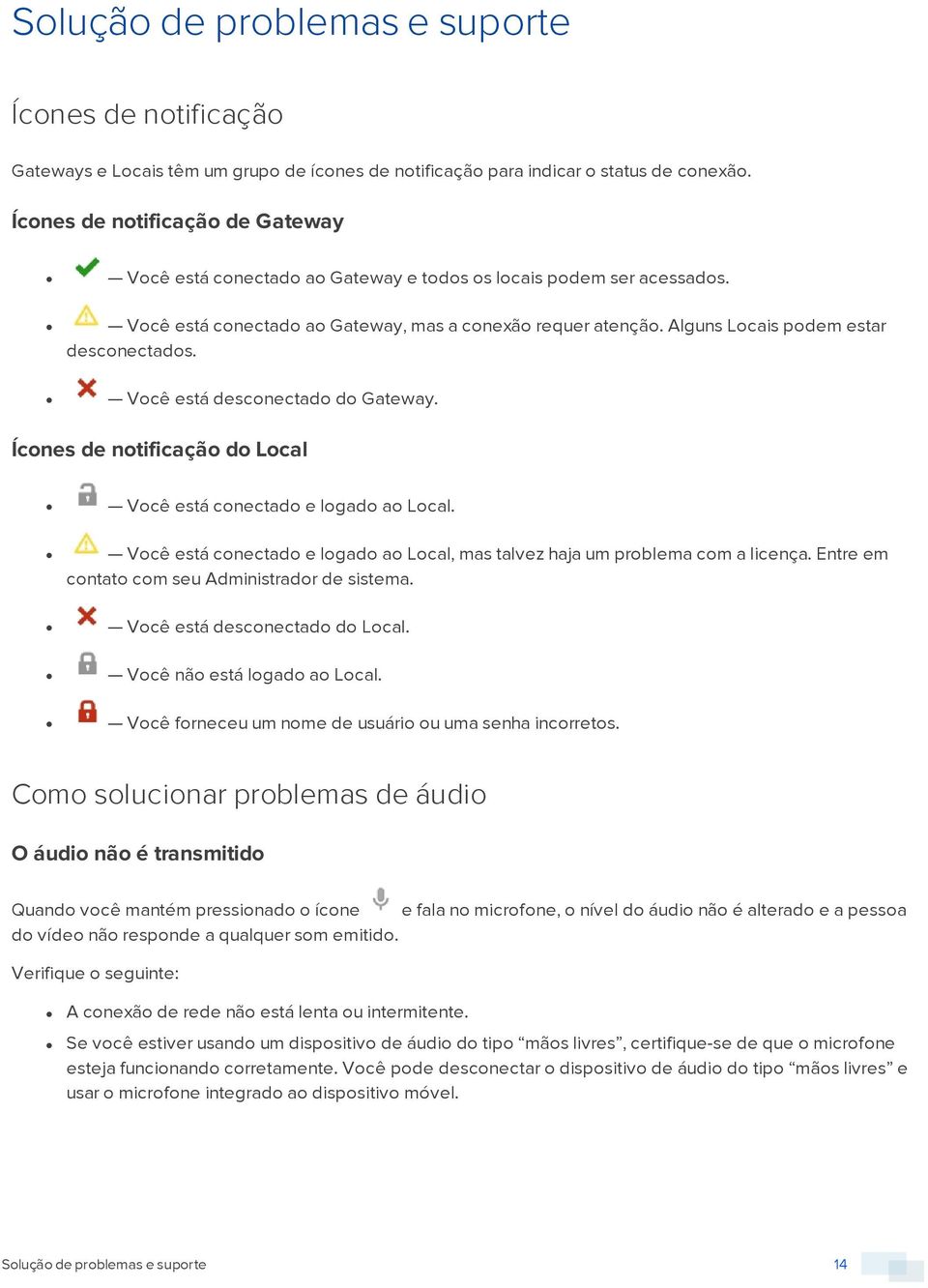 Vcê está descnectad d Gateway. Ícnes de ntificaçã d Lcal Vcê está cnectad e lgad a Lcal. Vcê está cnectad e lgad a Lcal, mas talvez haja um prblema cm a licença.