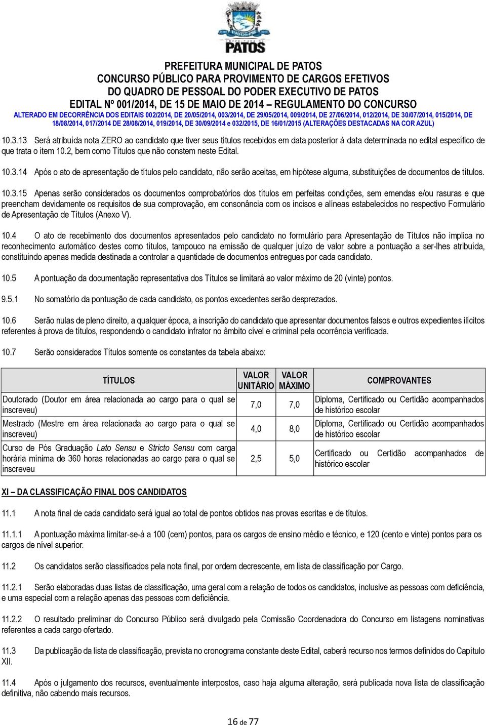 14 Após o ato de apresentação de títulos pelo candidato, não serão aceitas, em hipótese alguma, substituições de documentos de títulos. 10.3.