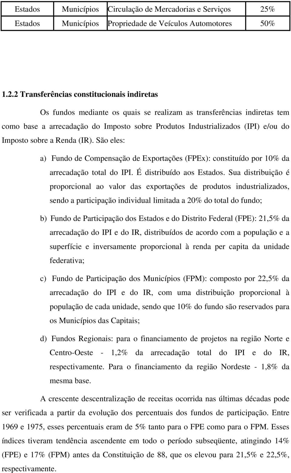 2 Transferências constitucionais indiretas Os fundos mediante os quais se realizam as transferências indiretas tem como base a arrecadação do Imposto sobre Produtos Industrializados (IPI) e/ou do