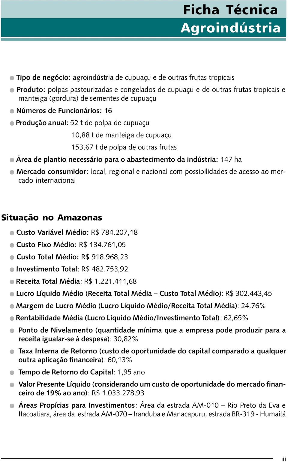 o abastecimento da indústria: 147 ha Mercado consumidor: local, regional e nacional com possibilidades de acesso ao mercado internacional Situação no Amazonas Custo Variável Médio: R$ 784.