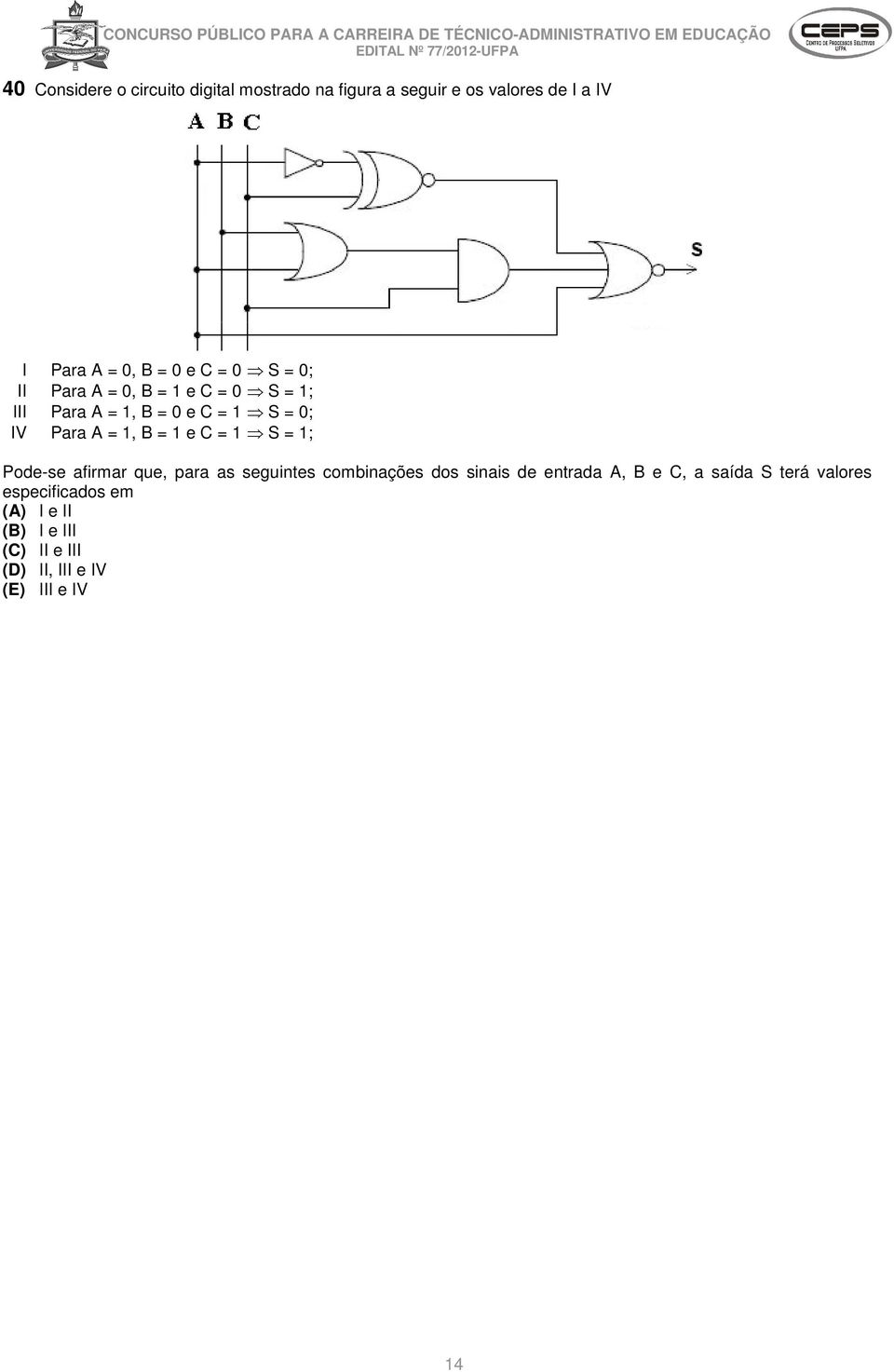 1 e C = 1 S = 1; Pode-se afirmar que, para as seguintes combinações dos sinais de entrada A, B e C, a