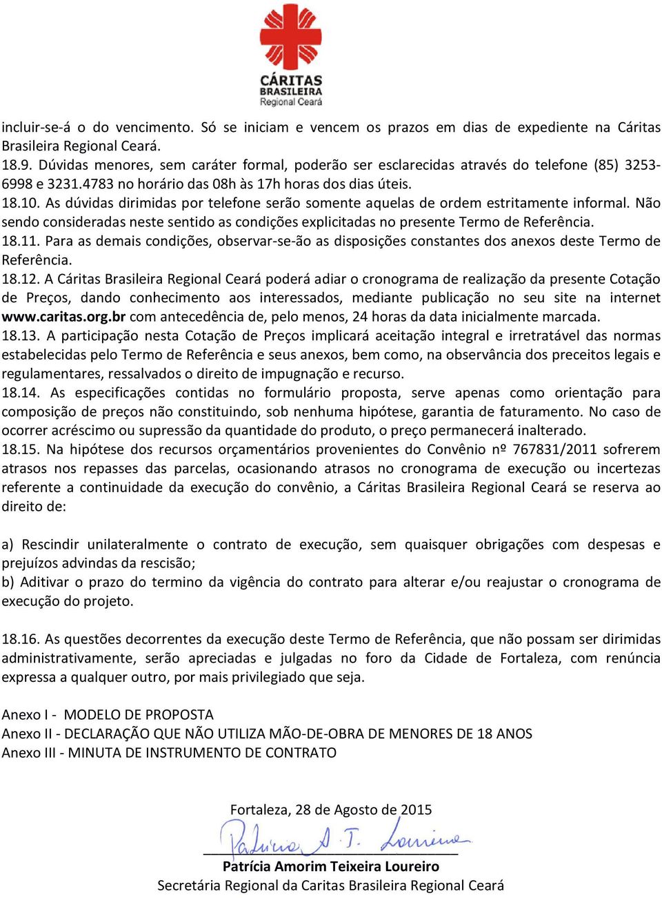 As dúvidas dirimidas por telefone serão somente aquelas de ordem estritamente informal. Não sendo consideradas neste sentido as condições explicitadas no presente Termo de Referência. 18.11.