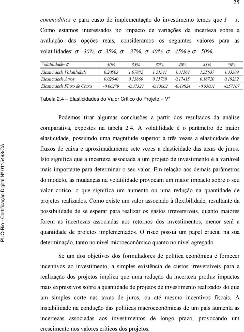 olatilidade- 30% 35% 37% 40% 45% 50% Elasticidade olatilidade 0.0503.0788.34.3564.35637.33389 Elasticidade Juos 0.0640 0.3860 0.5739 0.745 0.870 0.93 Elasticidade Fluxo de Caixa -0.0679-0.3734-0.