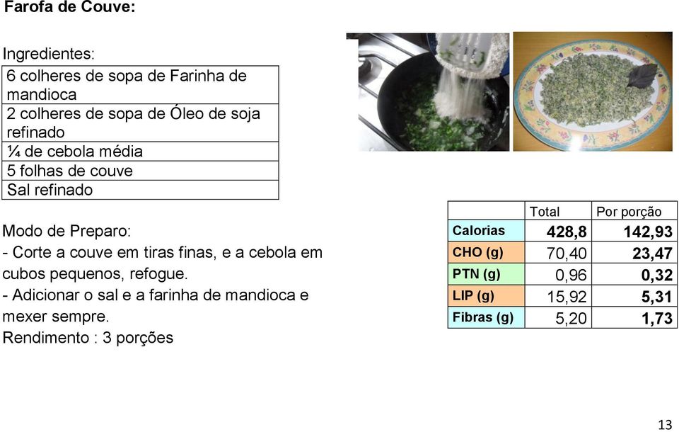 cebola em cubos pequenos, refogue. - Adicionar o sal e a farinha de mandioca e mexer sempre.