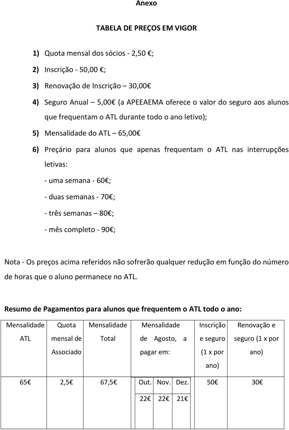 semanas 80 ; - mês completo - 90 ; Nota - Os preços acima referidos não sofrerão qualquer redução em função do número de horas que o aluno permanece no ATL.