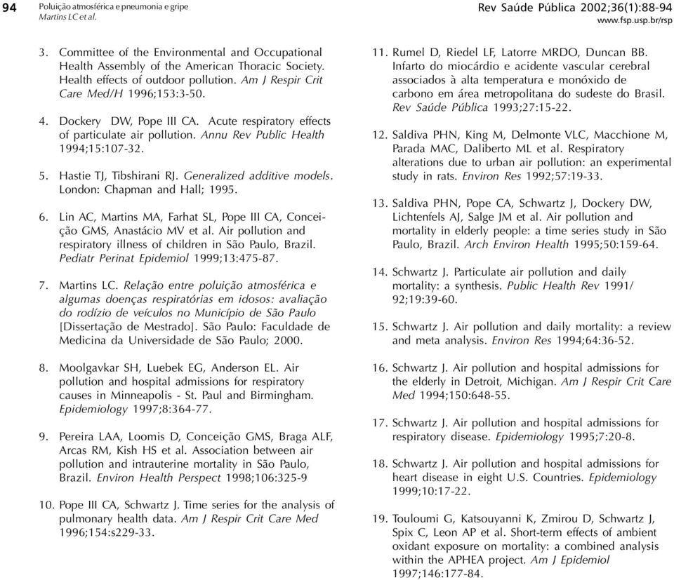 5. Hastie TJ, Tibshirani RJ. Generalized additive models. London: Chapman and Hall; 1995. 6. Lin AC, Martins MA, Farhat SL, Pope III CA, Conceição GMS, Anastácio MV et al.