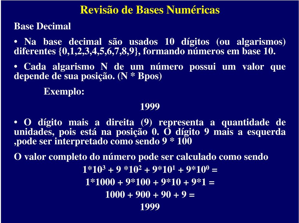 (N * Bpos) Exemplo: Revisão de Bases Numéricas 1999 O dígito mais a direita (9) representa a quantidade de unidades, pois está na