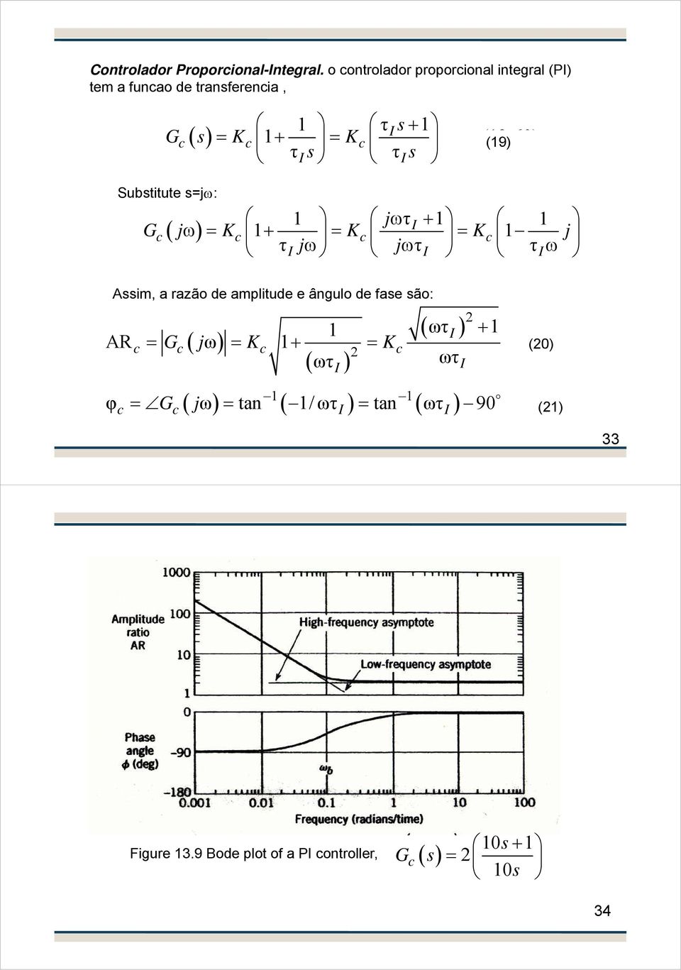 Substitute s=jω: 1 jω τ + 1 1 G ( ω ) = 1+ = I c j Kc Kc = Kc 1 j τi jω jωτi τiω Assim, a razão de amplitude e ângulo de