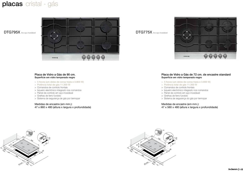 W > Comandos de controlo frontais > Isqueiro electrónico integrado nos comandos > Painel de controlo em aço inoxidável > Grelhas de ferro fundido > Sistema de segurança de gás por termopar 47 x 860 x