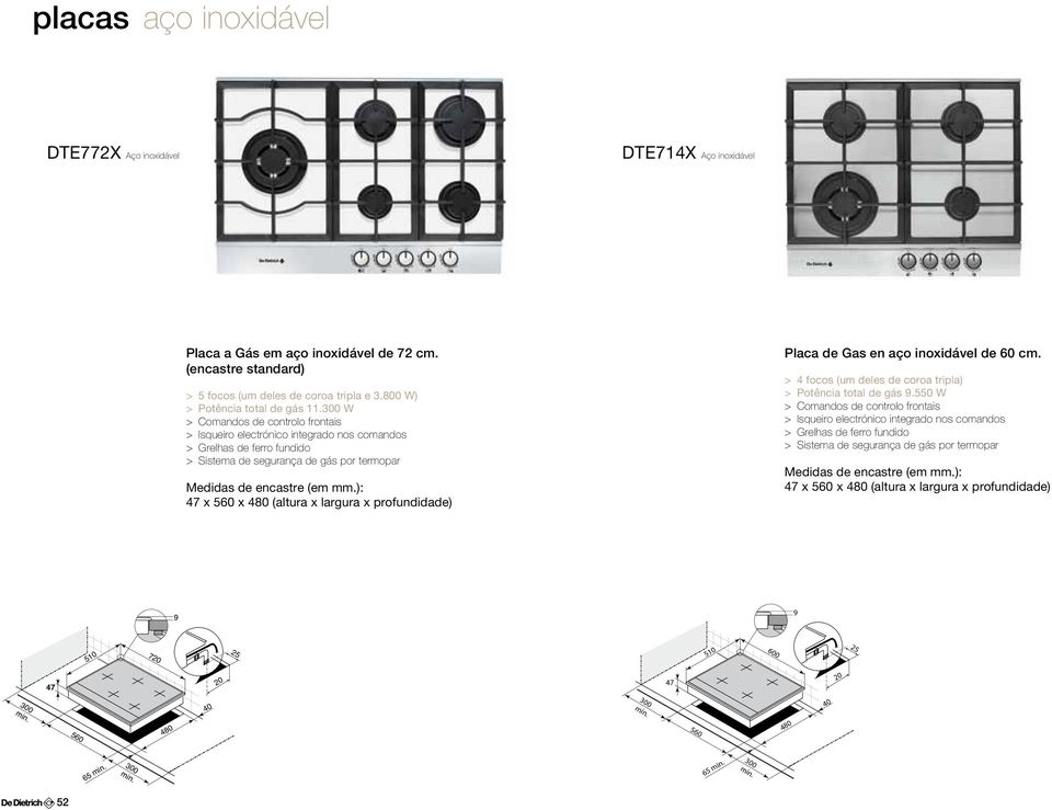 W > Comandos de controlo frontais > Isqueiro electrónico integrado nos comandos > Grelhas de ferro fundido > Sistema de segurança de gás por termopar 47 x 560 x 480 (altura x largura x