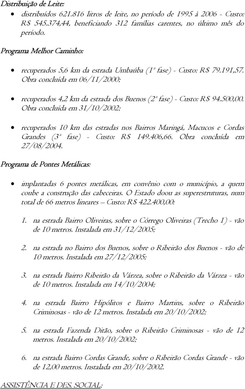 Obra concluída em 31/10/2002; recuperados 10 km das estradas nos Bairros Maringá, Macucos e Cordas Grandes (3ª fase) - Custo: R$ 149.406,66. Obra concluída em 27/08/2004.