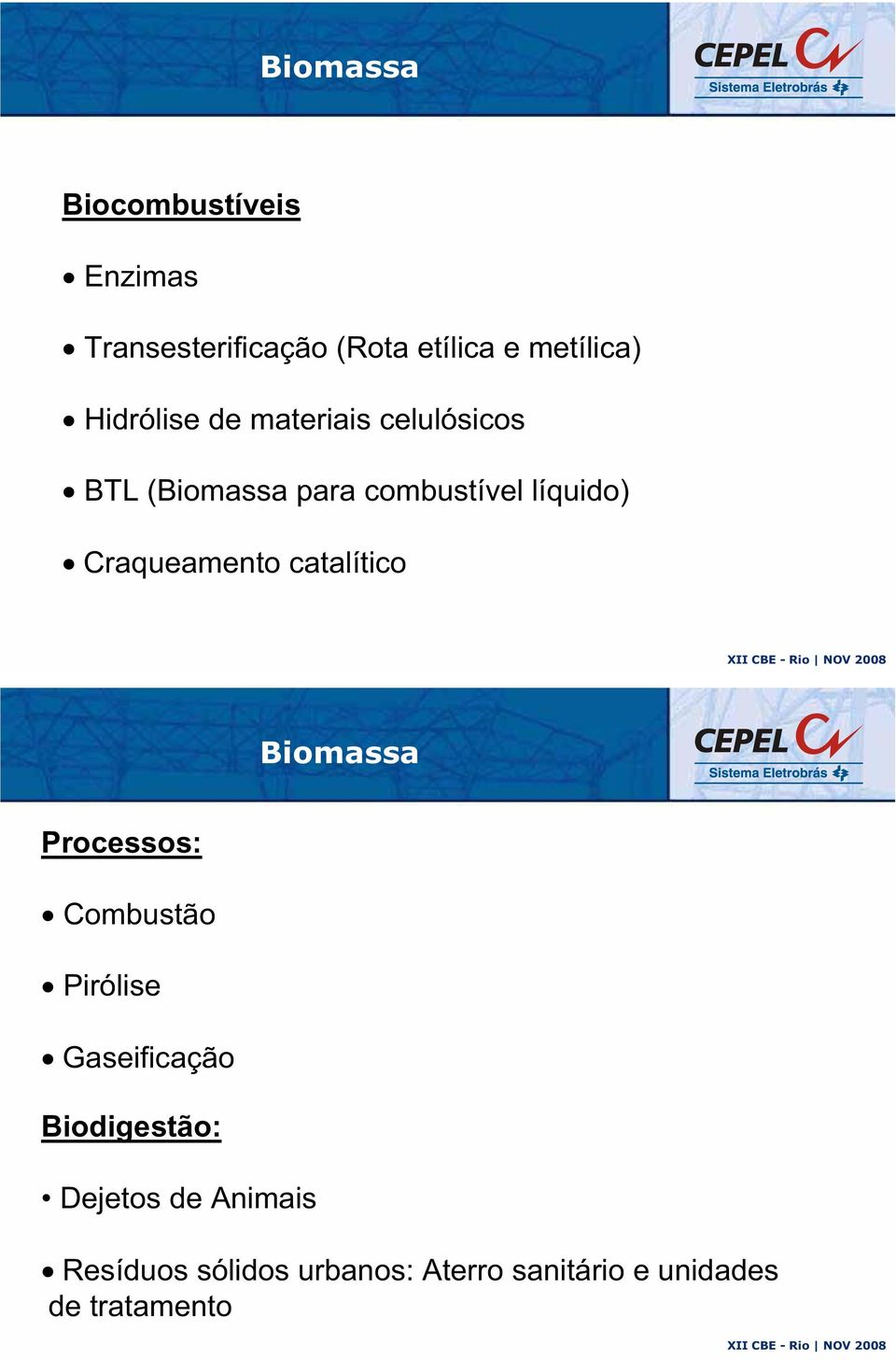 Craqueamento catalítico Biomassa Processos: Combustão Pirólise Gaseificação